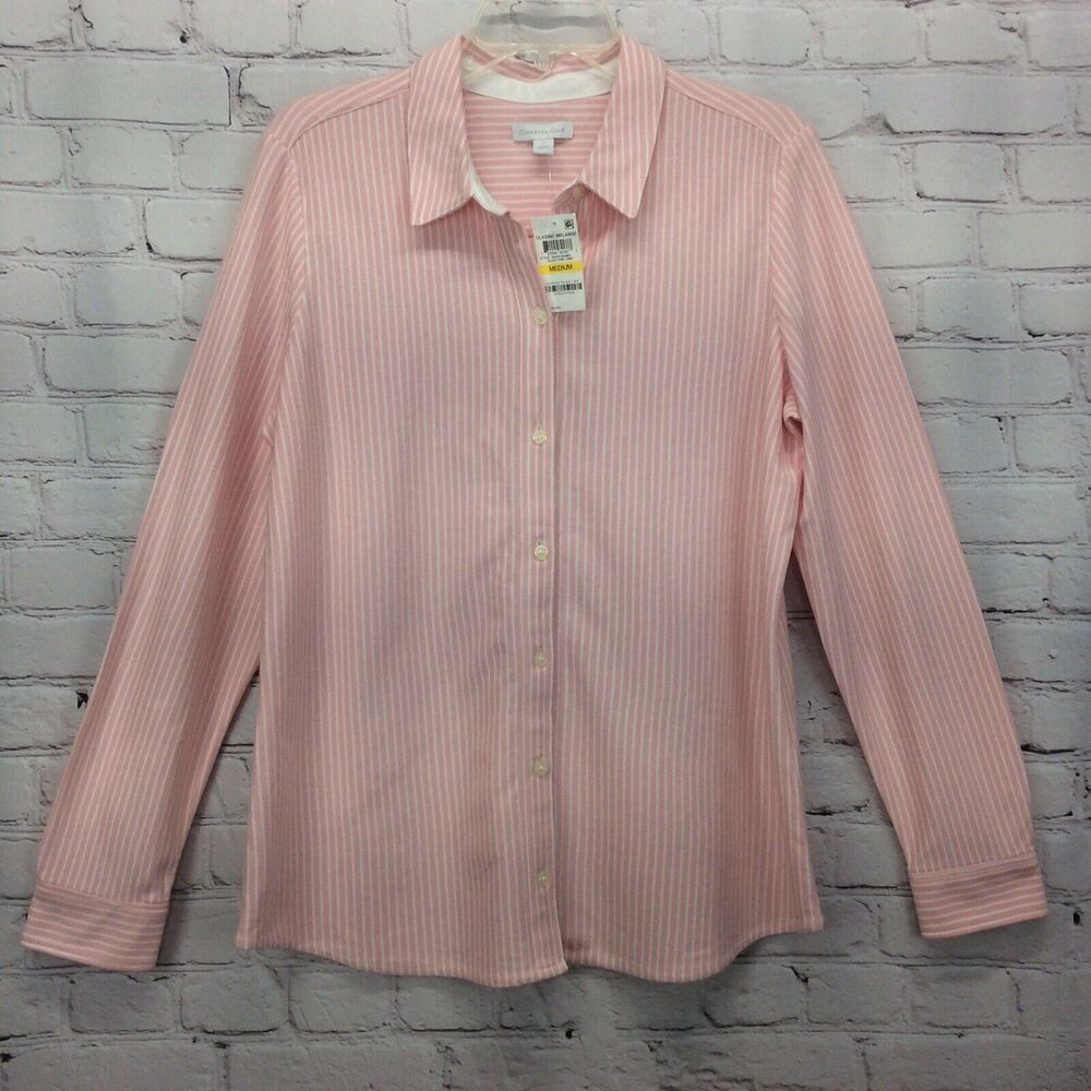 Charter Club Shirt Women's Size M Button Up Pink/White Striped Casual Beachy NWT